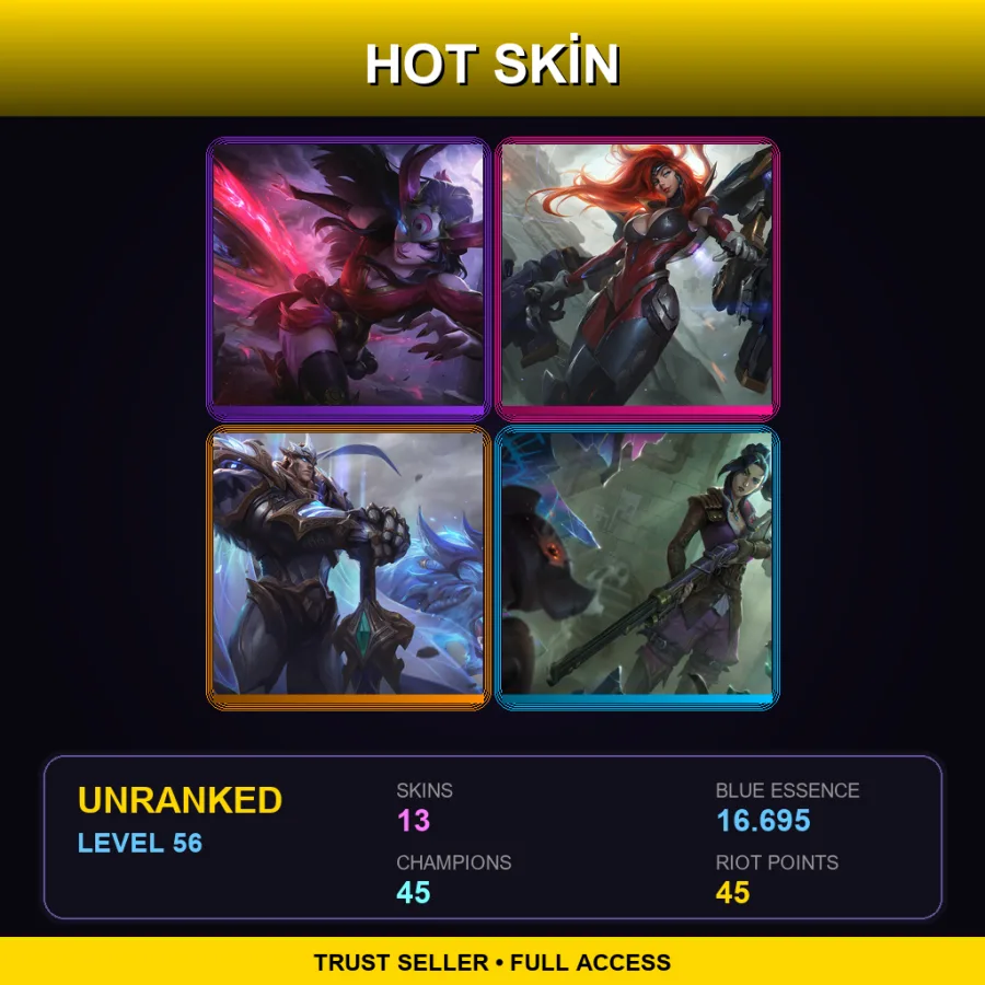 EUW | Blood Moon Sivir | Gun Goddess Miss Fortune | God-King Garen | Arcane Enforcer Caitlyn | 13 Skin | 45 Champ | Lv56