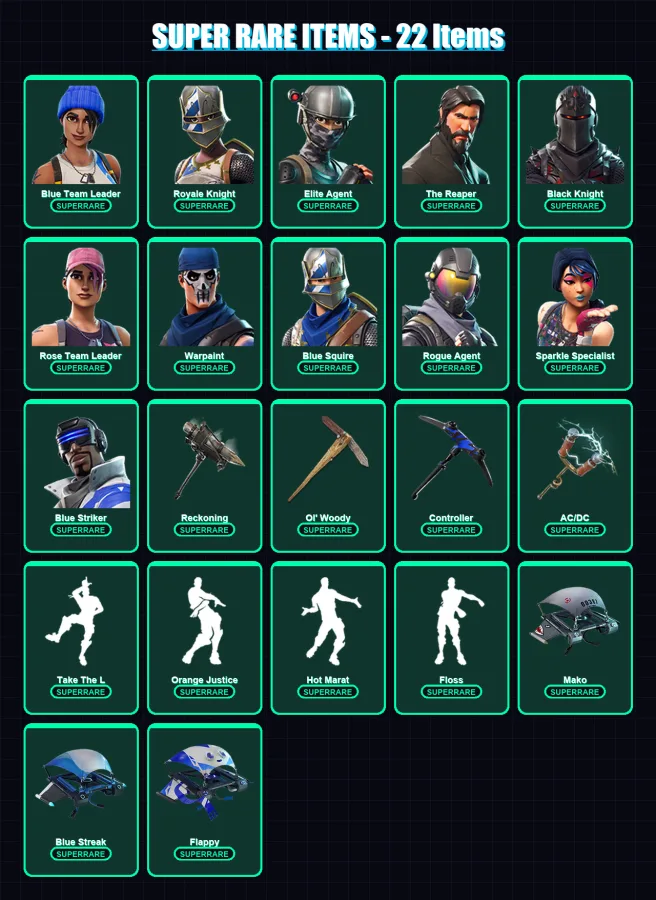 [PC/XBOX/PSN] | Blue Team Leader | Royale Knight | Elite Agent | The Reaper | Black Knight | 124 skin | 105 pickaxe | 141 emote | 97 glider | Lv1969