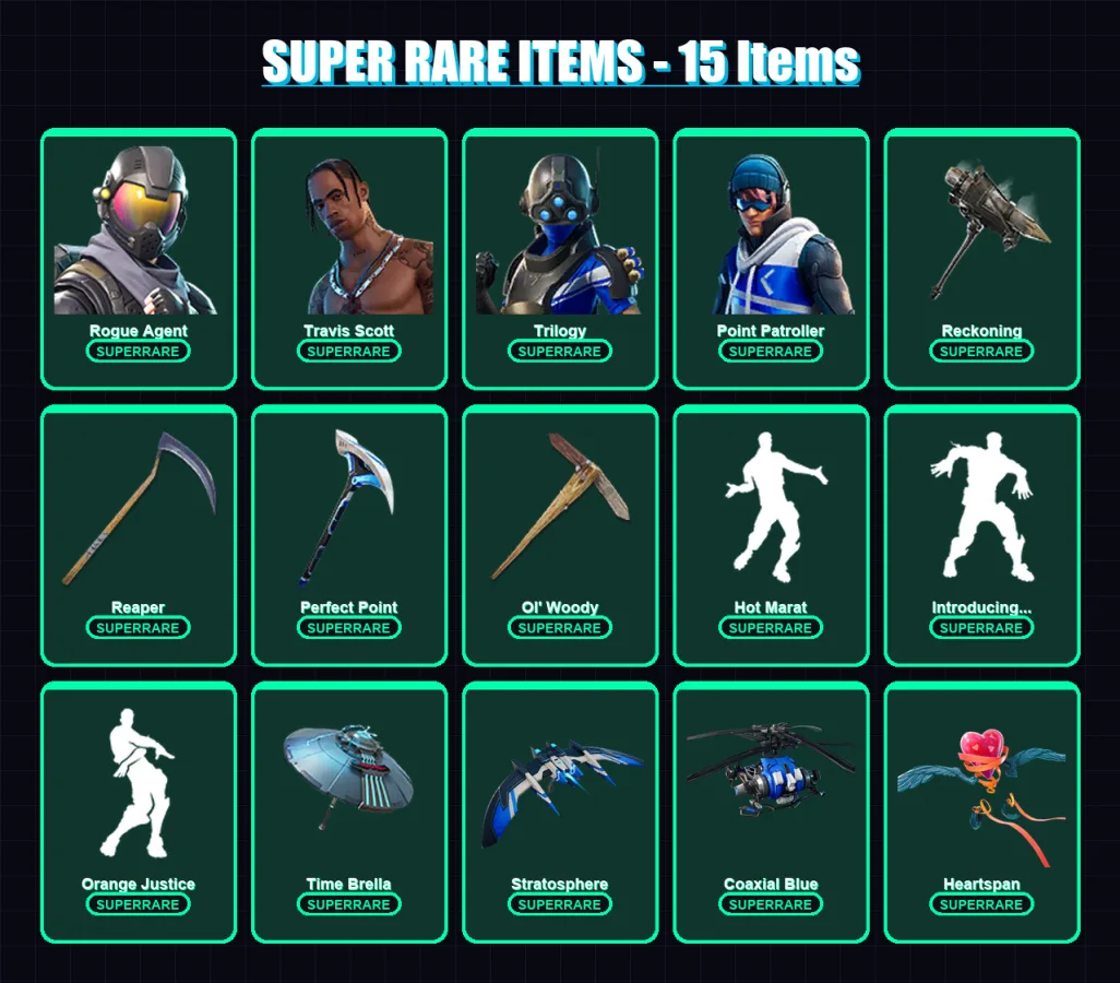 [PS4/PS5/XBOX/PC] | Rogue Agent | Travis Scott | Trilogy | Point Patroller | Vendetta | 211 skin | 190 pickaxe | 190 emote | 176 glider | Lv3097