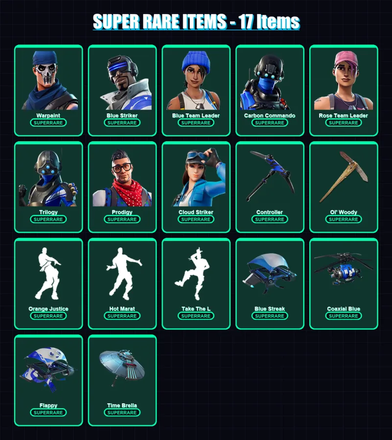 [PC/XBOX] | Warpaint | Blue Striker | Blue Team Leader | Carbon Commando | Rose Team Leader | 96 skin | 94 pickaxe | 107 emote | 88 glider | Lv1170