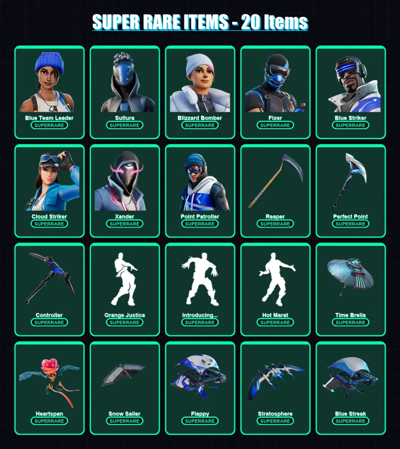 [PC/XBOX/PSN] | Blue Team Leader | Sultura | Blizzard Bomber | Fixer | Blue Striker | 51 skin | 107 pickaxe | 101 emote | 112 glider | Lv1785