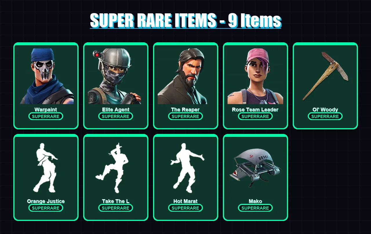 [PS4/PS5/XBOX/PC] | Warpaint | Elite Agent | The Reaper | Rose Team Leader | Mandalorian | 32 skin | 50 pickaxe | 51 emote | 57 glider | Lv1100