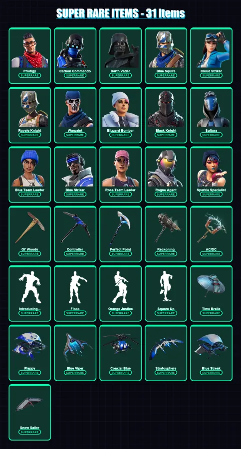 [PS4/PS5/XBOX/PC] | Prodigy | Carbon Commando | Darth Vader | Blue Squire | Cloud Striker | 162 skin | 186 pickaxe | 221 emote | 189 glider | Lv2956