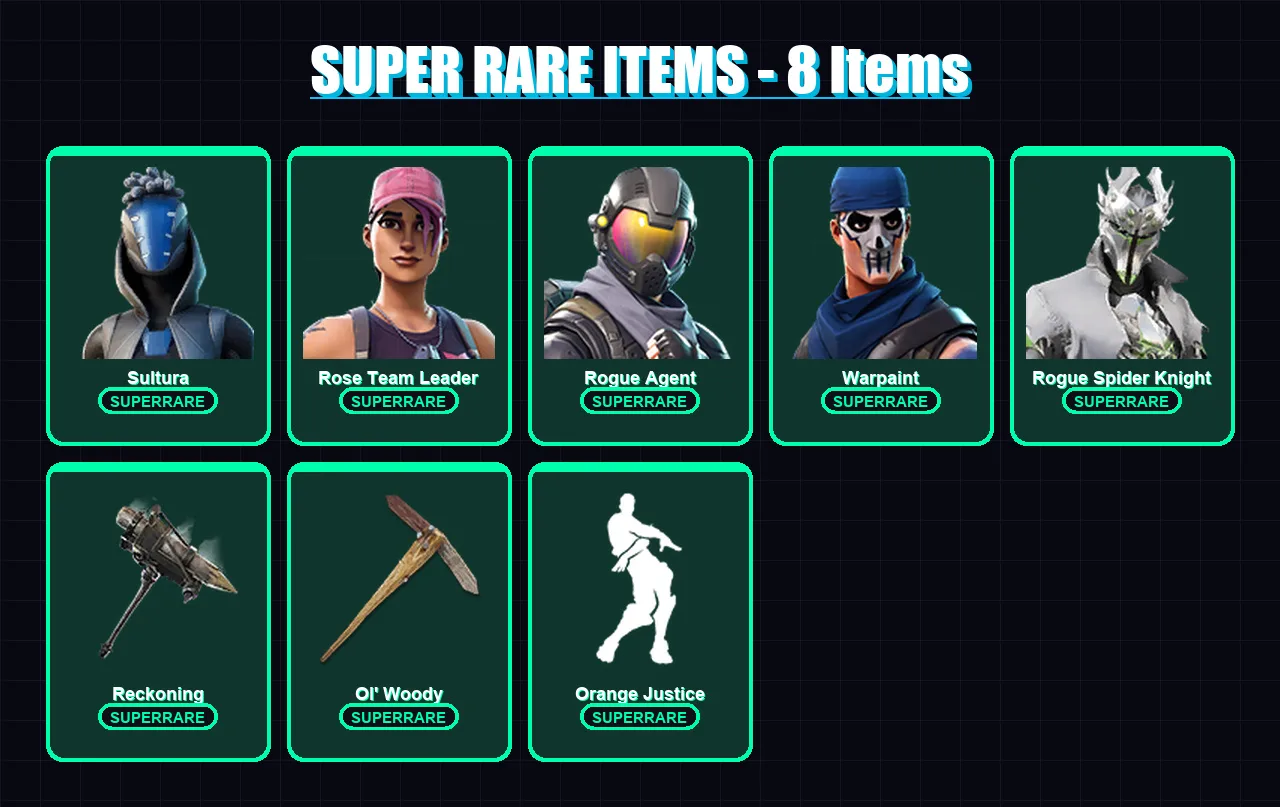 [SWITCH/PC] | Sultura | Rose Team Leader | Rogue Agent | Warpaint | Rogue Spider Knight | 53 skin | 72 pickaxe | 53 emote | 73 glider | Lv927