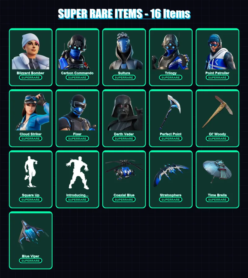 [PS4/PS5/XBOX/PC] | Blizzard Bomber | Carbon Commando | Sultura | Trilogy | Point Patroller | 104 skin | 177 pickaxe | 162 emote | 124 glider | Lv20