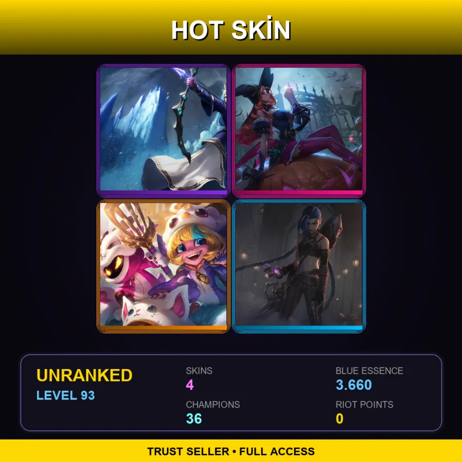 EUW | Lv93 | Unranked | 4 Skin | 36 Champ — LoL account