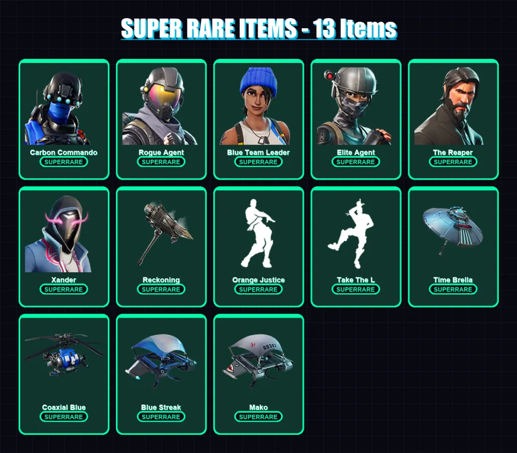 [PS4/PS5/XBOX/PC] | Carbon Commando | Rogue Agent | Blue Team Leader | Elite Agent | The Reaper | 88 skin | 71 pickaxe | 67 emote | 77 glider | Lv98