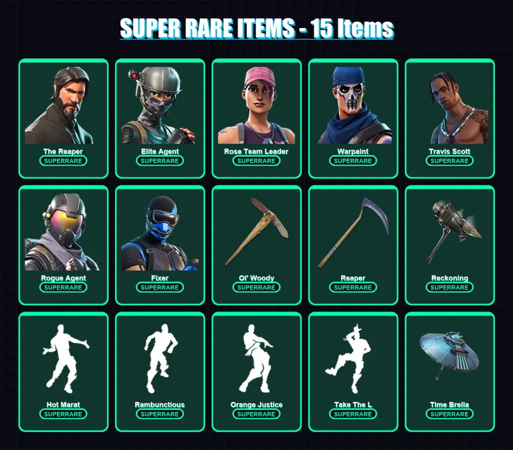 [PC/XBOX] | The Reaper | Elite Agent | Rose Team Leader | Warpaint | Travis Scott | 57 skin | 42 pickaxe | 54 emote | 50 glider | Lv751
