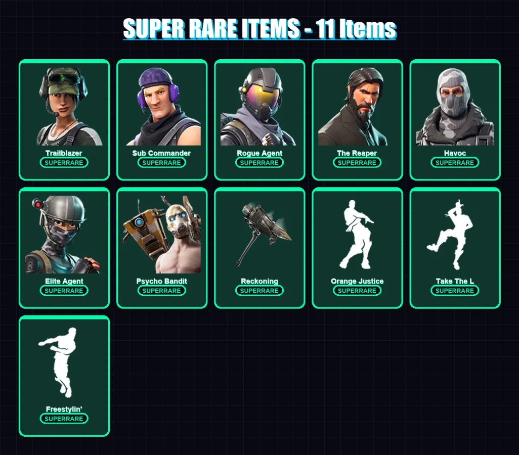 [PC] | Trailblazer | Sub Commander | Rogue Agent | The Reaper | Havoc | 48 skin | 32 pickaxe | 52 emote | 29 glider | Lv396