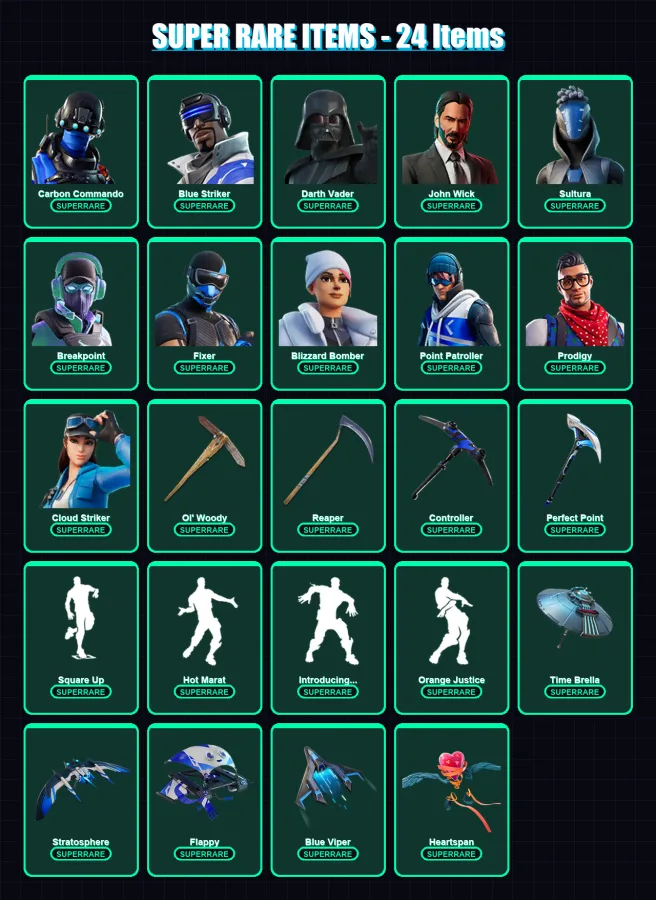 [PC/XBOX] | Carbon Commando | Blue Striker | Darth Vader | John Wick | Sultura | 391 skin | 357 pickaxe | 217 emote | 250 glider | Lv2766