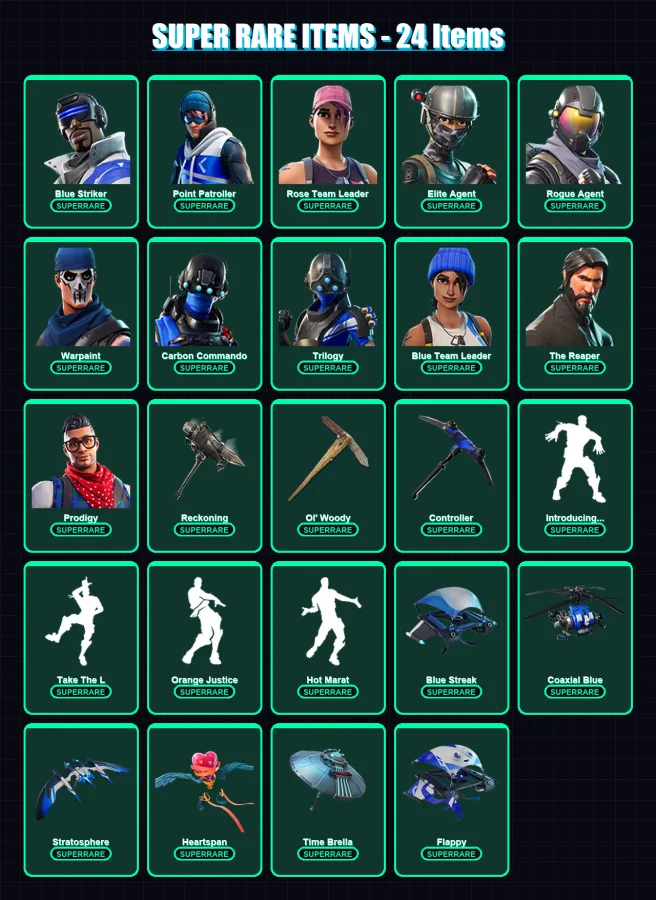 [PC] | Blue Striker | Point Patroller | Rose Team Leader | Elite Agent | Rogue Agent | 127 skin | 99 pickaxe | 102 emote | 104 glider | Lv1570
