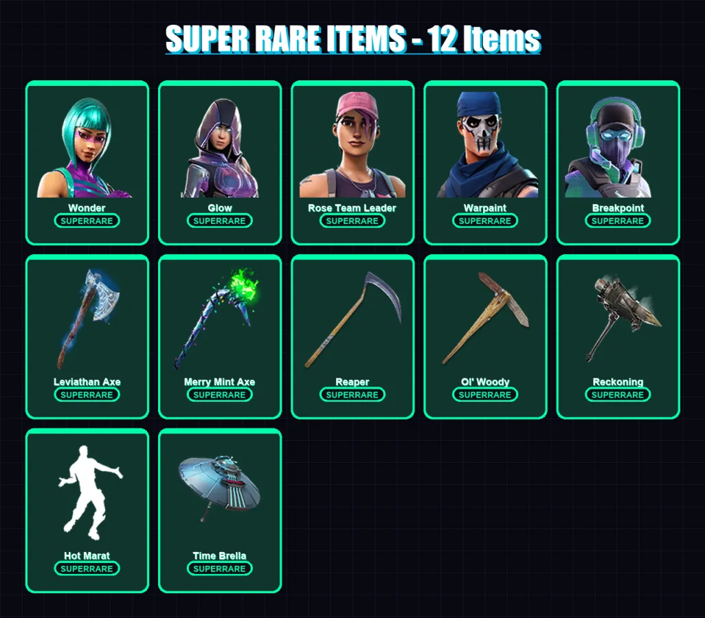 [PC/XBOX/PSN] | Wonder | Agent Peely | Glow | Rose Team Leader | Warpaint | 250 skin | 203 pickaxe | 180 emote | 155 glider | Lv2394