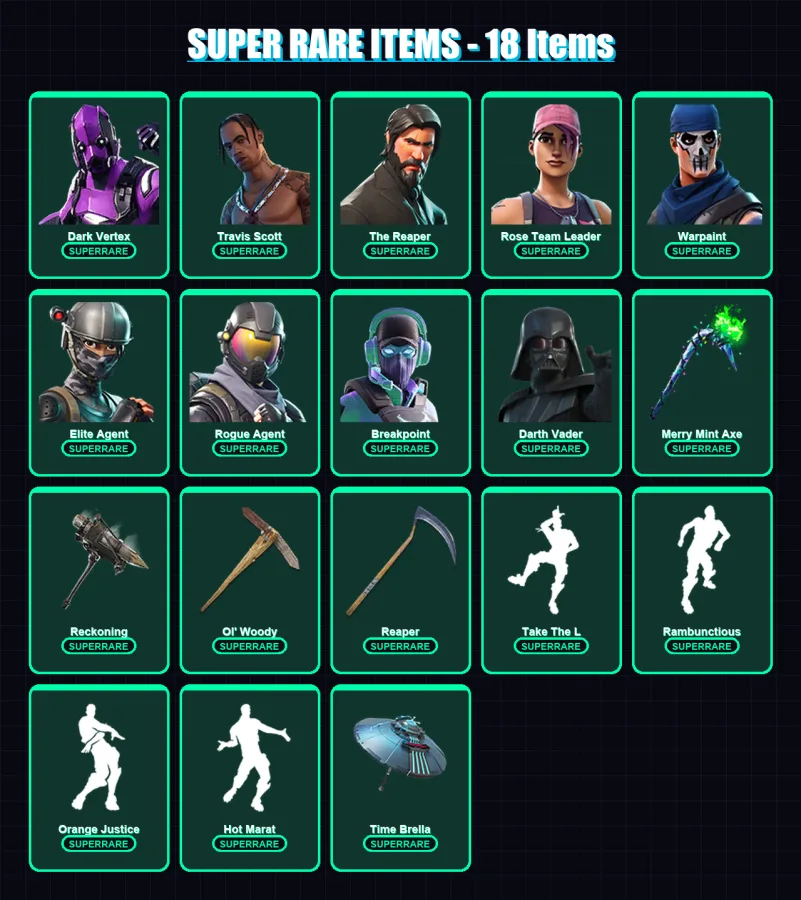 [PC/XBOX/PSN] | Dark Vertex | Travis Scott | The Reaper | Rose Team Leader | Warpaint | 300 skin | 257 pickaxe | 227 emote | 198 glider | Lv2597
