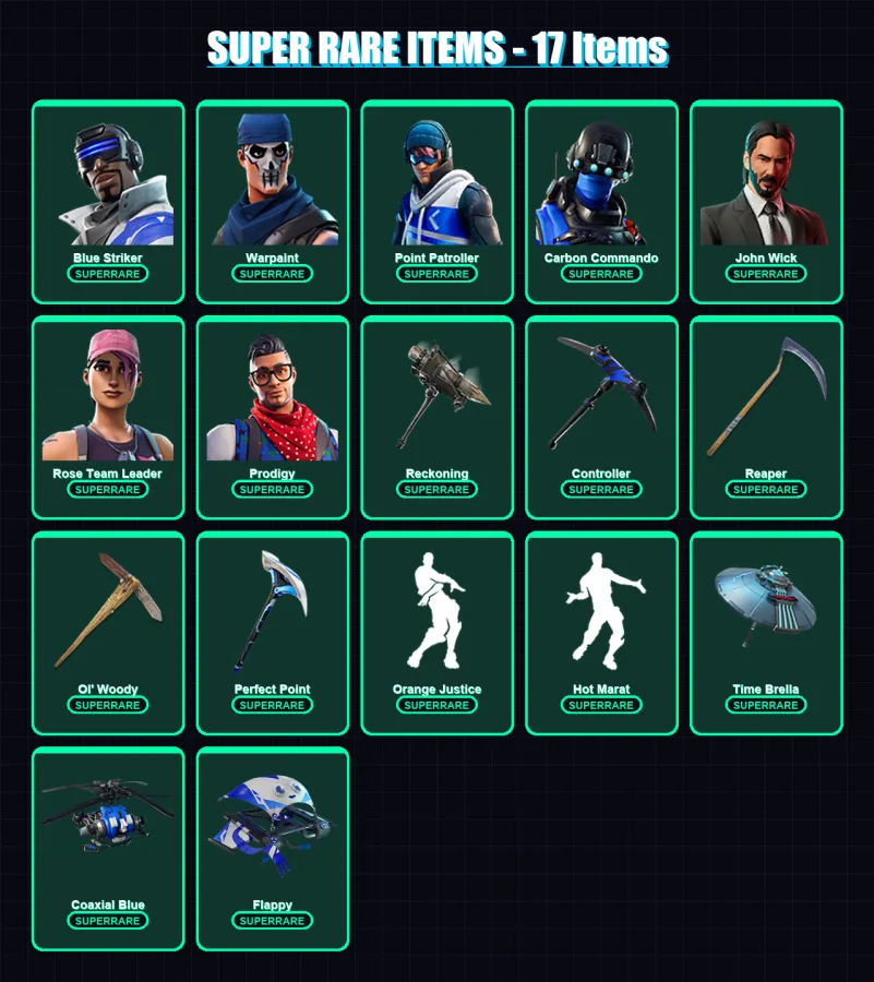 [PC/XBOX] | Blue Striker | Warpaint | Point Patroller | Carbon Commando | John Wick | 109 skin | 112 pickaxe | 128 emote | 97 glider | Lv1495