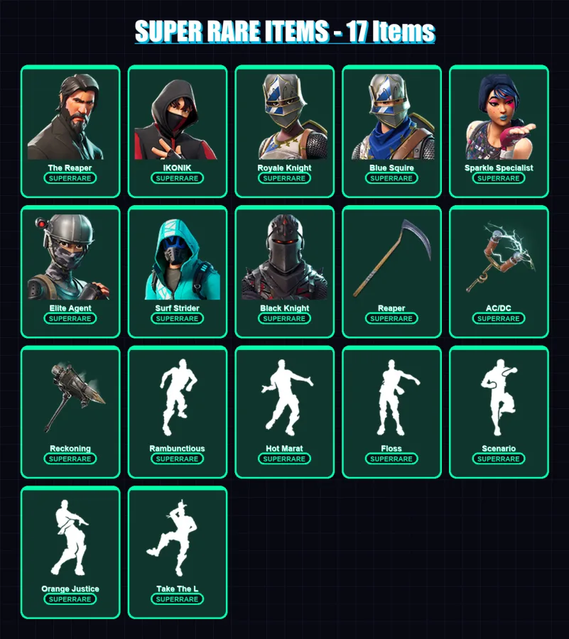 [PC/XBOX/PSN] | The Reaper | IKONIK | Royale Knight | Blue Squire | Sparkle Specialist | 56 skin | 38 pickaxe | 51 emote | 41 glider | Lv584