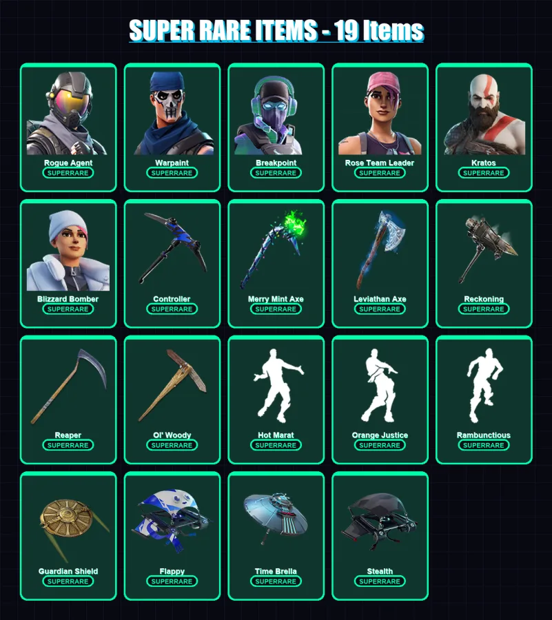 [PS4/PS5/XBOX/PC] | Rogue Agent | Warpaint | Breakpoint | Rose Team Leader | Kratos | 369 skin | 331 pickaxe | 245 emote | 230 glider | Lv3264