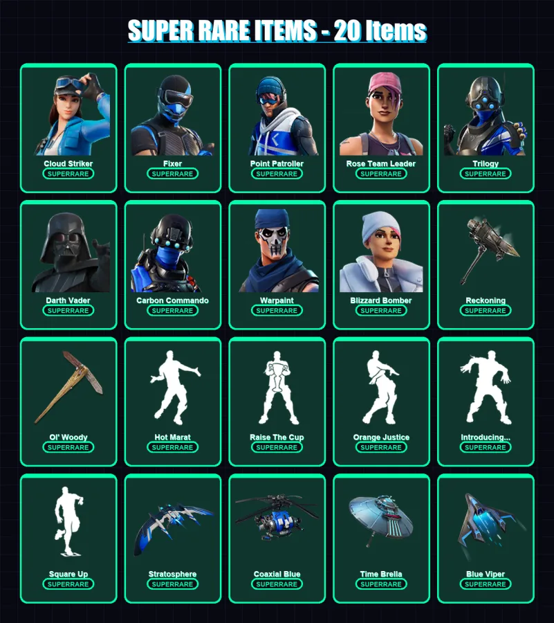 [PS4/PS5/XBOX/PC] | Cloud Striker | Fixer | Point Patroller | Rose Team Leader | Trilogy | 369 skin | 299 pickaxe | 355 emote | 220 glider | Lv3116