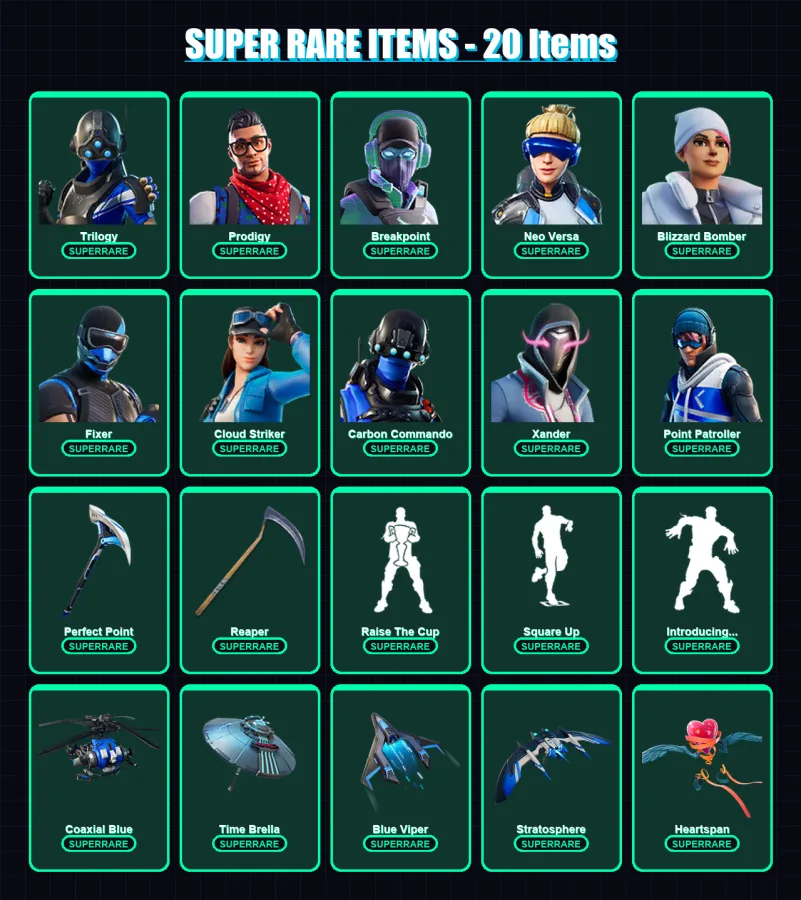 [PS4/PS5/XBOX/PC] | Trilogy | Prodigy | Breakpoint | Neo Versa | Blizzard Bomber | 257 skin | 275 pickaxe | 211 emote | 240 glider | Lv3414