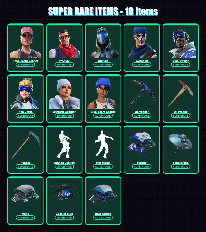 [PS4/PS5/XBOX/PC] | Rose Team Leader | Prodigy | Sultura | Warpaint | Blue Striker | 250 skin | 286 pickaxe | 208 emote | 240 glider | Lv3941