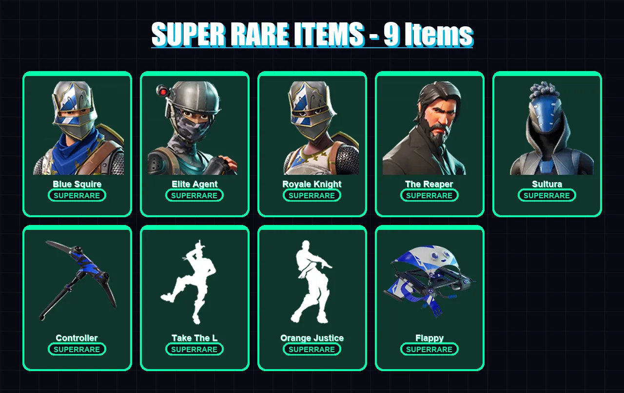[PC] | Blue Squire | Elite Agent | Royale Knight | The Reaper | Sultura | 70 skin | 87 pickaxe | 69 emote | 65 glider | Lv1035