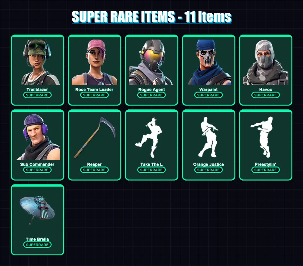[PC] | Trailblazer | Rose Team Leader | Rogue Agent | Warpaint | Havoc | 217 skin | 165 pickaxe | 158 emote | 96 glider | Lv1019