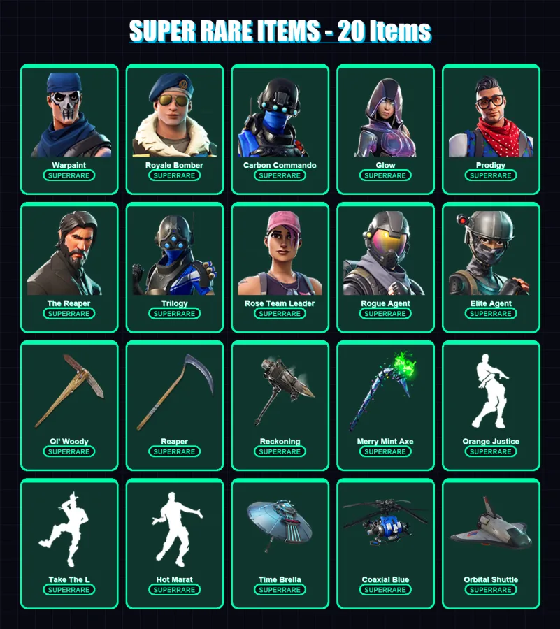 [PC/XBOX] | Warpaint | Royale Bomber | Carbon Commando | Glow | Prodigy | 138 skin | 138 pickaxe | 153 emote | 141 glider | Lv1957