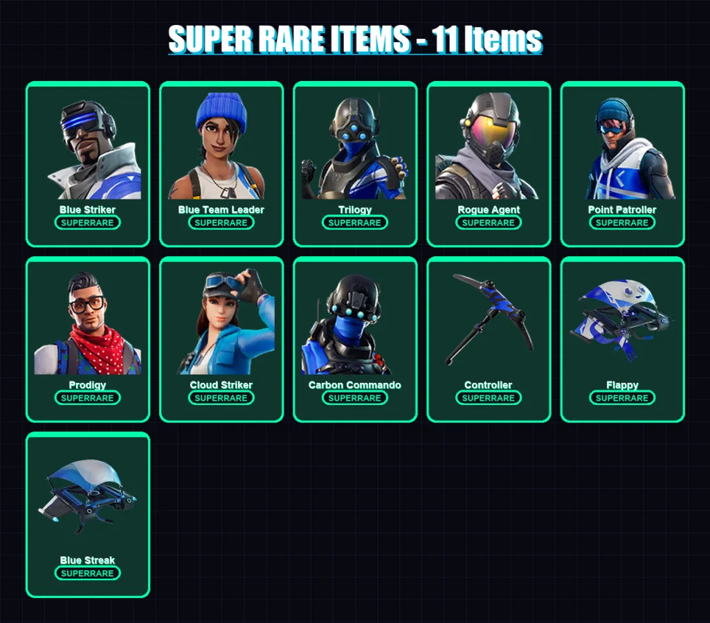 [PS4/PS5/XBOX/PC] | Blue Striker | Blue Team Leader | Trilogy | Rogue Agent | Point Patroller | 9 skin | 9 pickaxe | 8 emote | 7 glider | Lv99