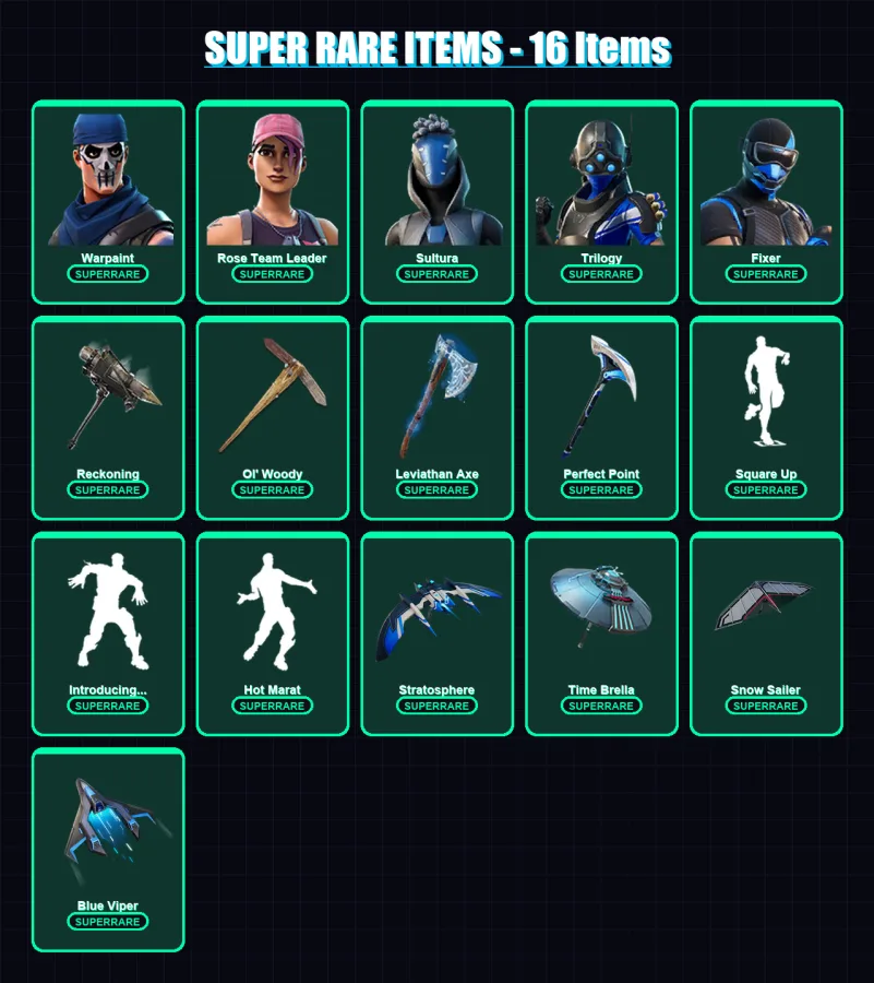 [PS4/PS5/XBOX/PC] | Warpaint | Rose Team Leader | Sultura | Trilogy | Fixer | 114 skin | 171 pickaxe | 125 emote | 144 glider | Lv1837