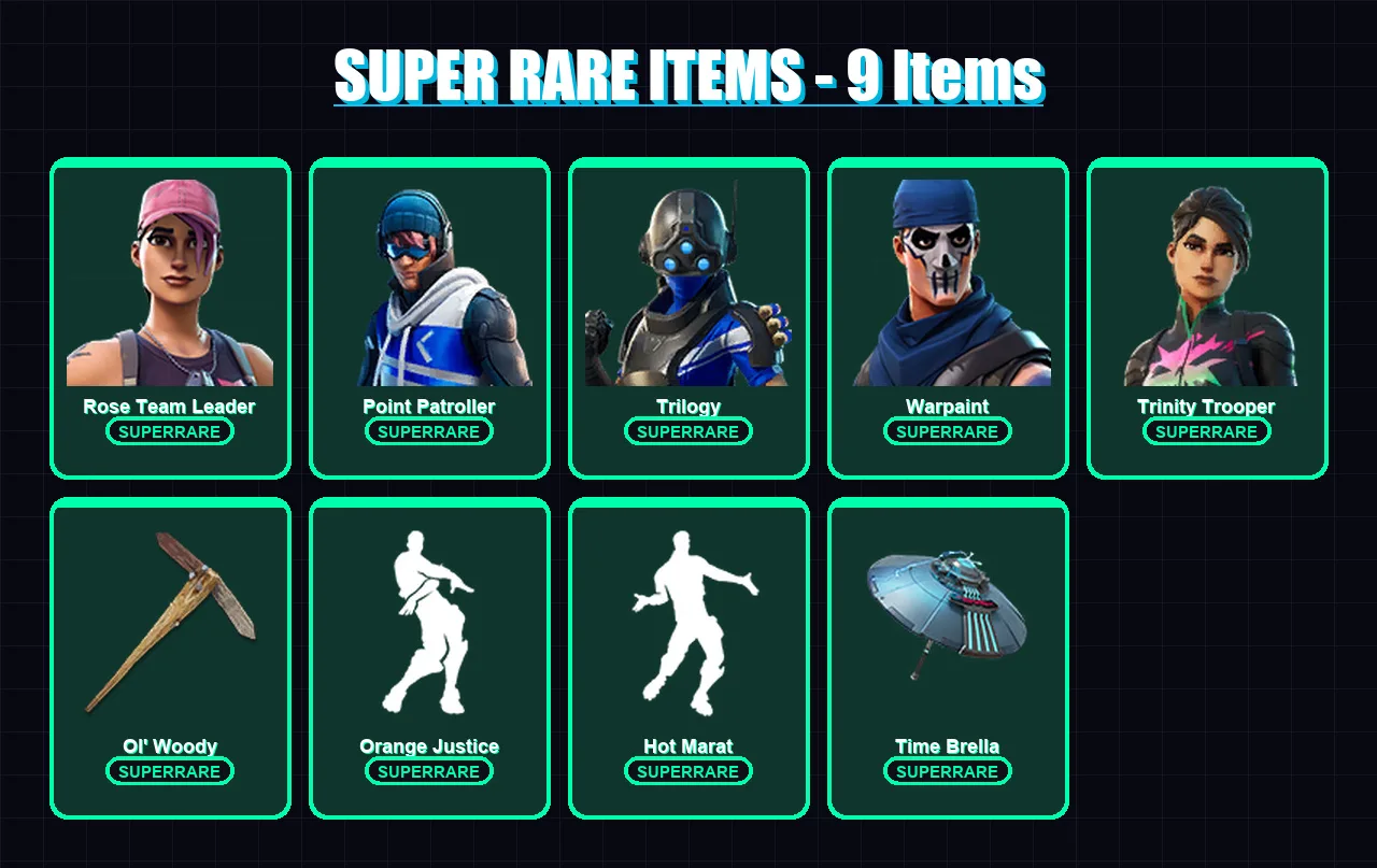 [PC/XBOX/PSN] | Rose Team Leader | Point Patroller | Trilogy | Warpaint | Trinity Trooper | 93 skin | 84 pickaxe | 93 emote | 98 glider | Lv1747