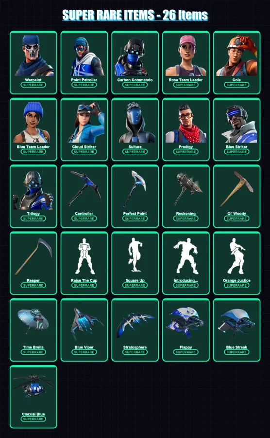 [PC/XBOX/PSN] | Warpaint | Point Patroller | Carbon Commando | Rose Team Leader | Cole | 174 skin | 154 pickaxe | 162 emote | 139 glider | Lv2282