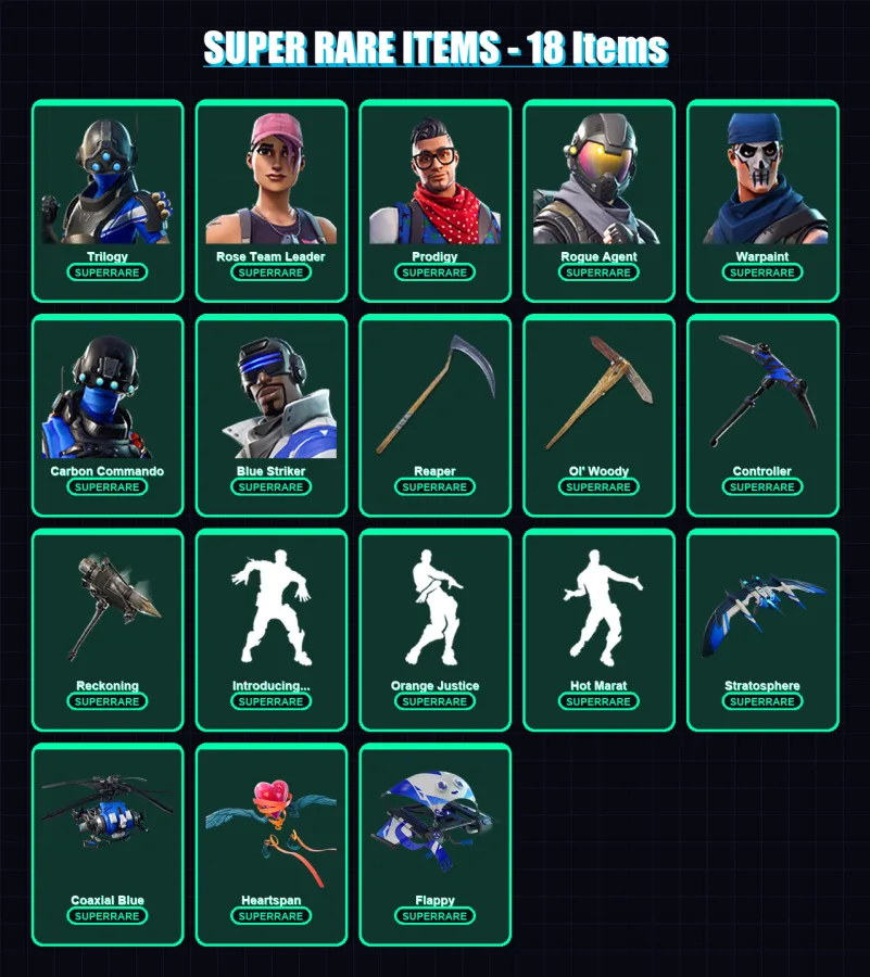 [PC/XBOX] | Trilogy | Rose Team Leader | Prodigy | Rogue Agent | Warpaint | 77 skin | 56 pickaxe | 68 emote | 61 glider | Lv709