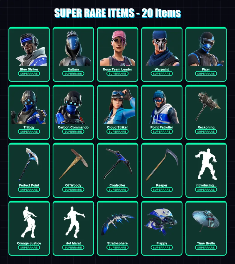 [PS4/PS5/XBOX/PC] | Blue Striker | Sultura | Rose Team Leader | Warpaint | Fixer | 156 skin | 162 pickaxe | 143 emote | 147 glider | Lv1608 — Fortnite account
