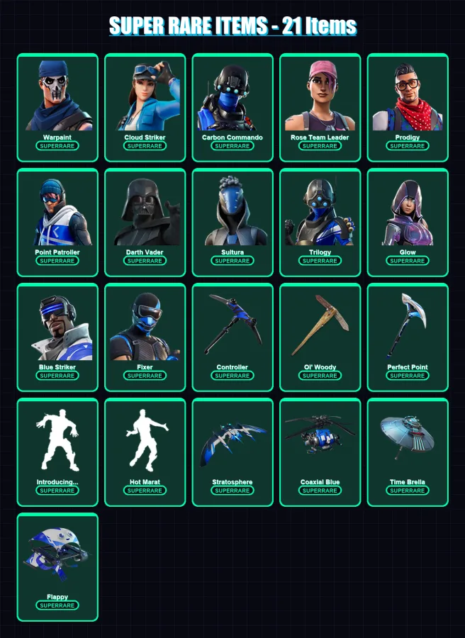 [PS4/PS5/XBOX/PC] | Warpaint | Cloud Striker | Carbon Commando | Rose Team Leader | Prodigy | 101 skin | 113 pickaxe | 84 emote | 98 glider | Lv1250