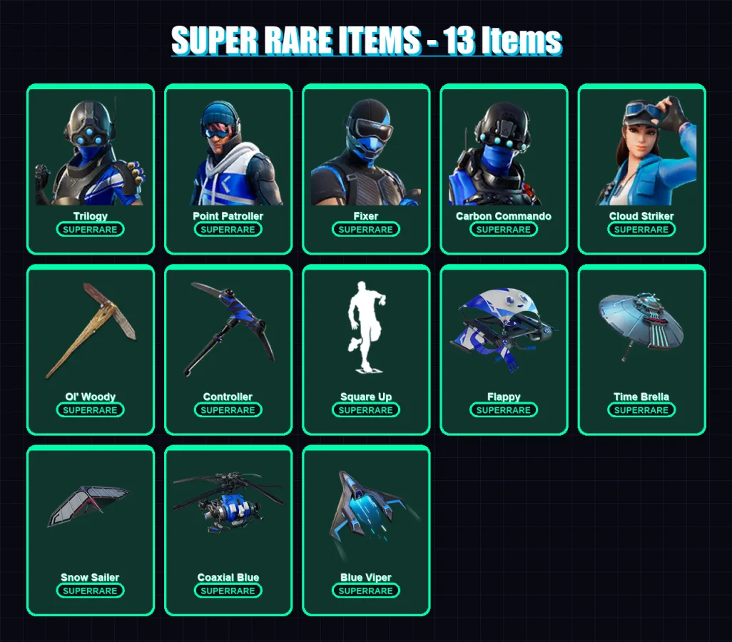 [PC/XBOX] | Trilogy | Point Patroller | Fixer | Carbon Commando | Cloud Striker | 62 skin | 93 pickaxe | 70 emote | 89 glider | Lv919