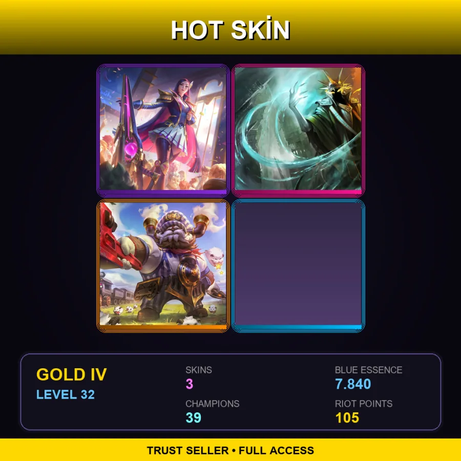 SG | Battle Academia Caitlyn | Statue of Karthus | Choo-Choo Ornn | 3 Skin | 39 Champ | Gold IV | Lv32