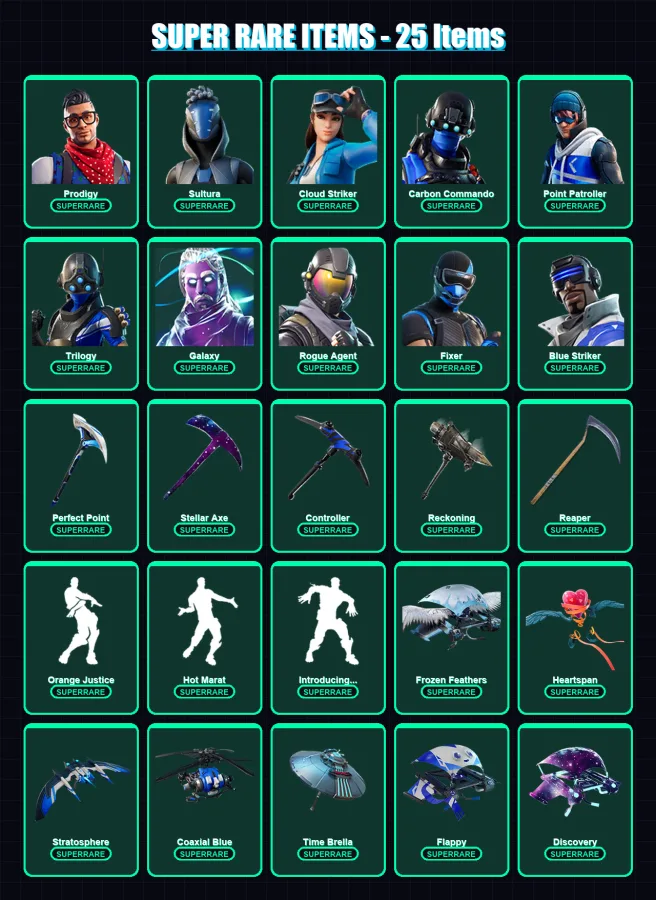 [PS4/PS5/XBOX/PC] | Prodigy | Sultura | Cloud Striker | Carbon Commando | Point Patroller | 101 skin | 110 pickaxe | 102 emote | 96 glider | Lv1395