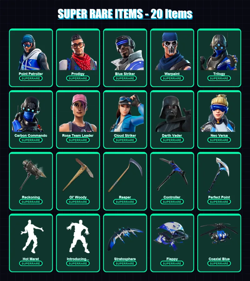 [PS4/PS5/PC] | Point Patroller | Prodigy | Blue Striker | Warpaint | Trilogy | 113 skin | 111 pickaxe | 116 emote | 107 glider | Lv1560