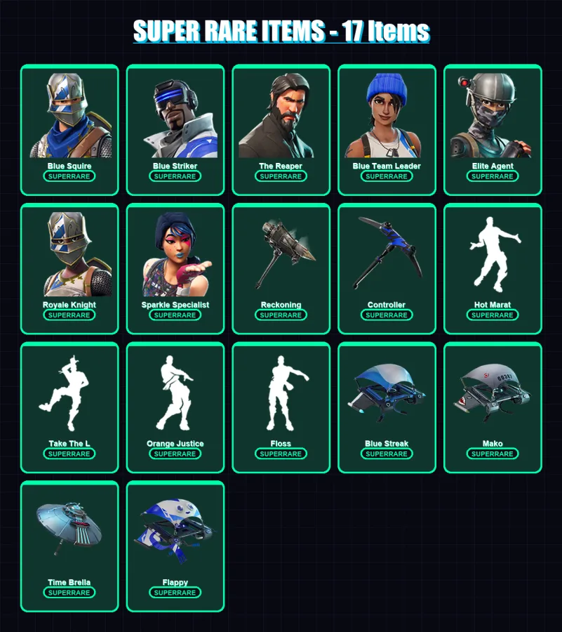 [PC/XBOX/PSN] | Blue Squire | Blue Striker | The Reaper | Blue Team Leader | Elite Agent | 75 skin | 85 pickaxe | 89 emote | 87 glider | Lv1547