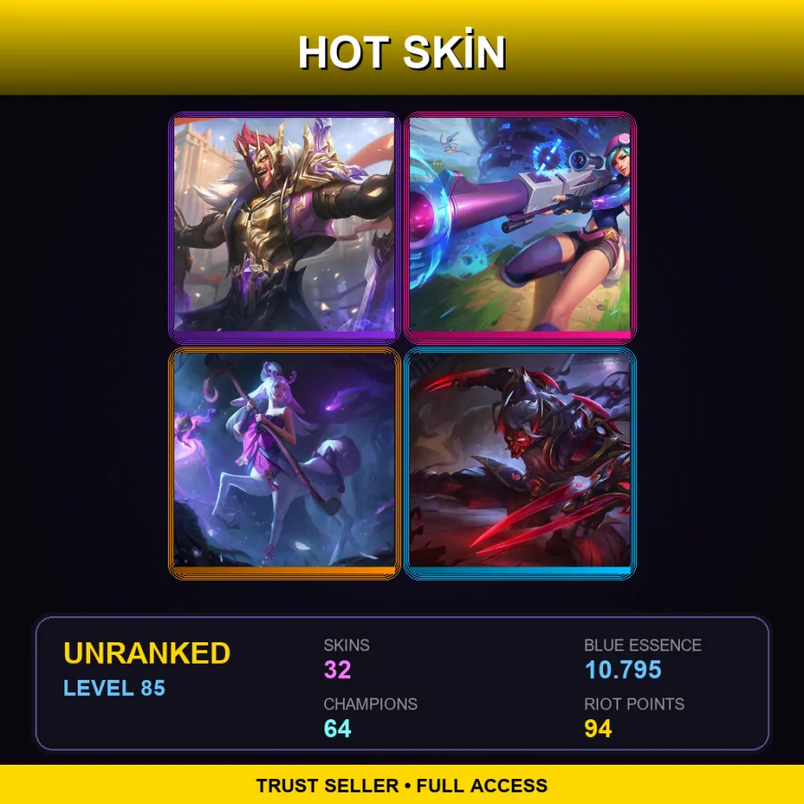 OCE | Lv85 | Unranked | 32 Skin | 64 Champ — LoL account