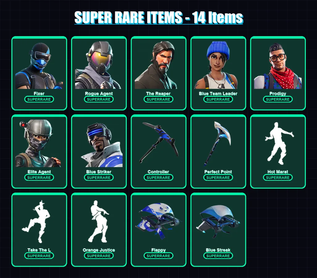 [PS4/PS5/XBOX/PC] | Fixer | Rogue Agent | The Reaper | Blue Team Leader | Prodigy | 72 skin | 79 pickaxe | 58 emote | 78 glider | Lv1055