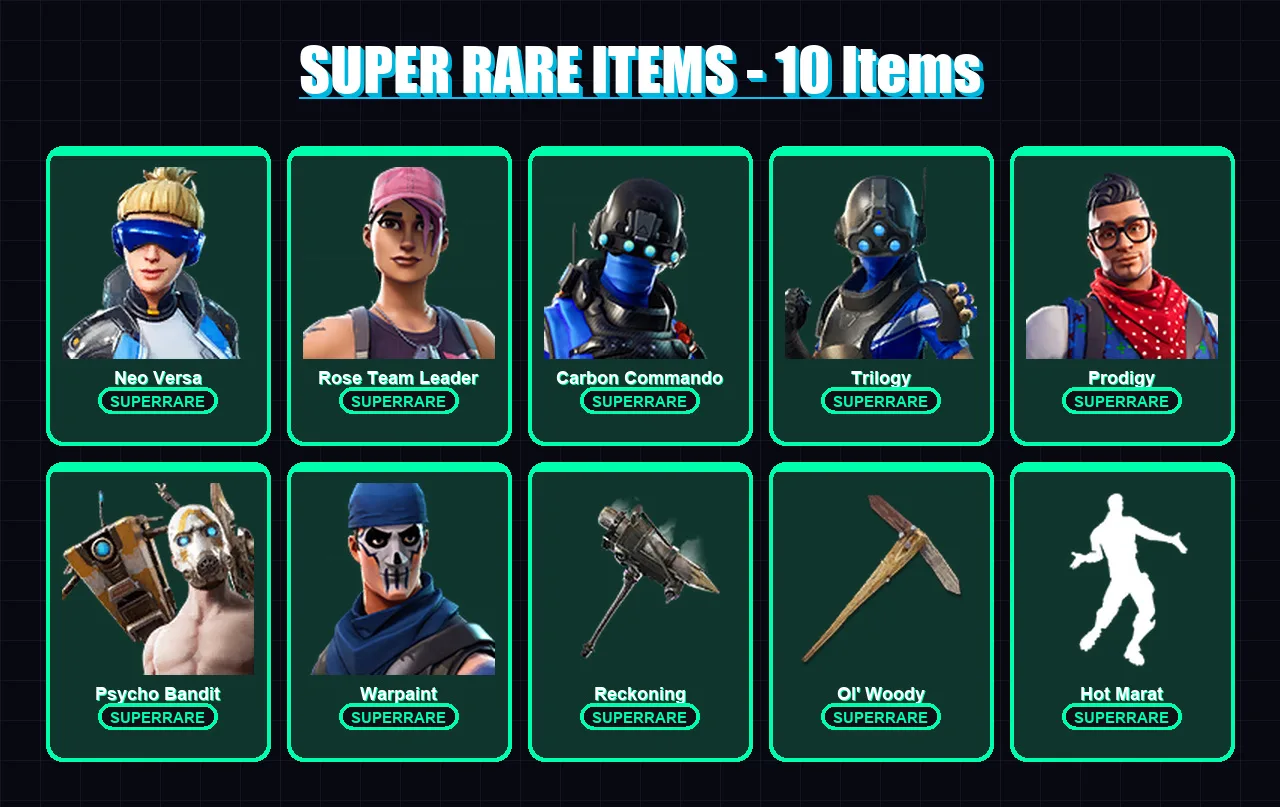 [PS4/PS5/PC] | Neo Versa | Rose Team Leader | Carbon Commando | Trilogy | Prodigy | 87 skin | 80 pickaxe | 80 emote | 71 glider | Lv930
