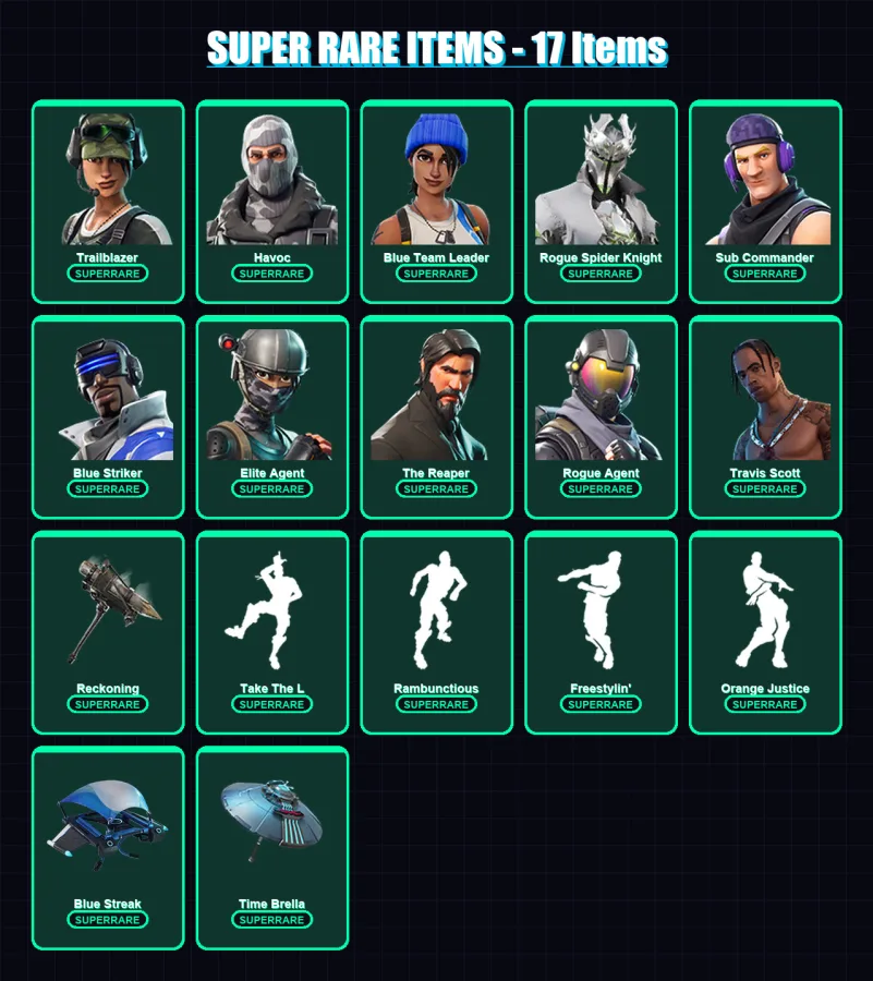 [SWITCH/PC] | Trailblazer | Havoc | Blue Team Leader | Rogue Spider Knight | Sub Commander | 118 skin | 109 pickaxe | 104 emote | 102 glider | Lv122