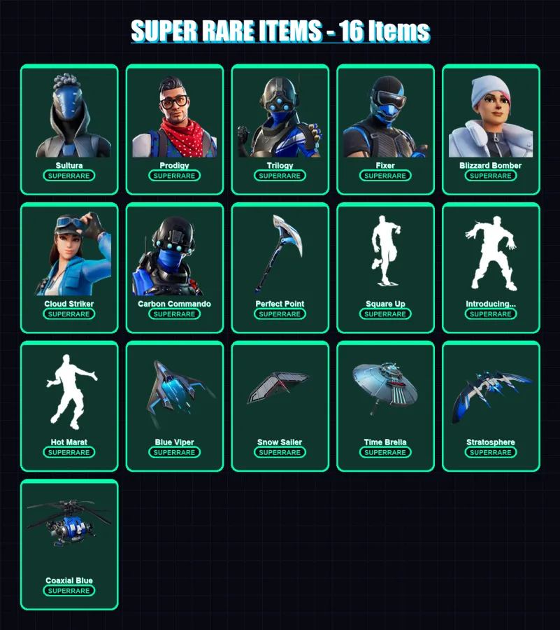 [PS4/PS5/XBOX/PC] | Sultura | Prodigy | Trilogy | Fixer | Blizzard Bomber | 166 skin | 220 pickaxe | 178 emote | 199 glider | Lv2948