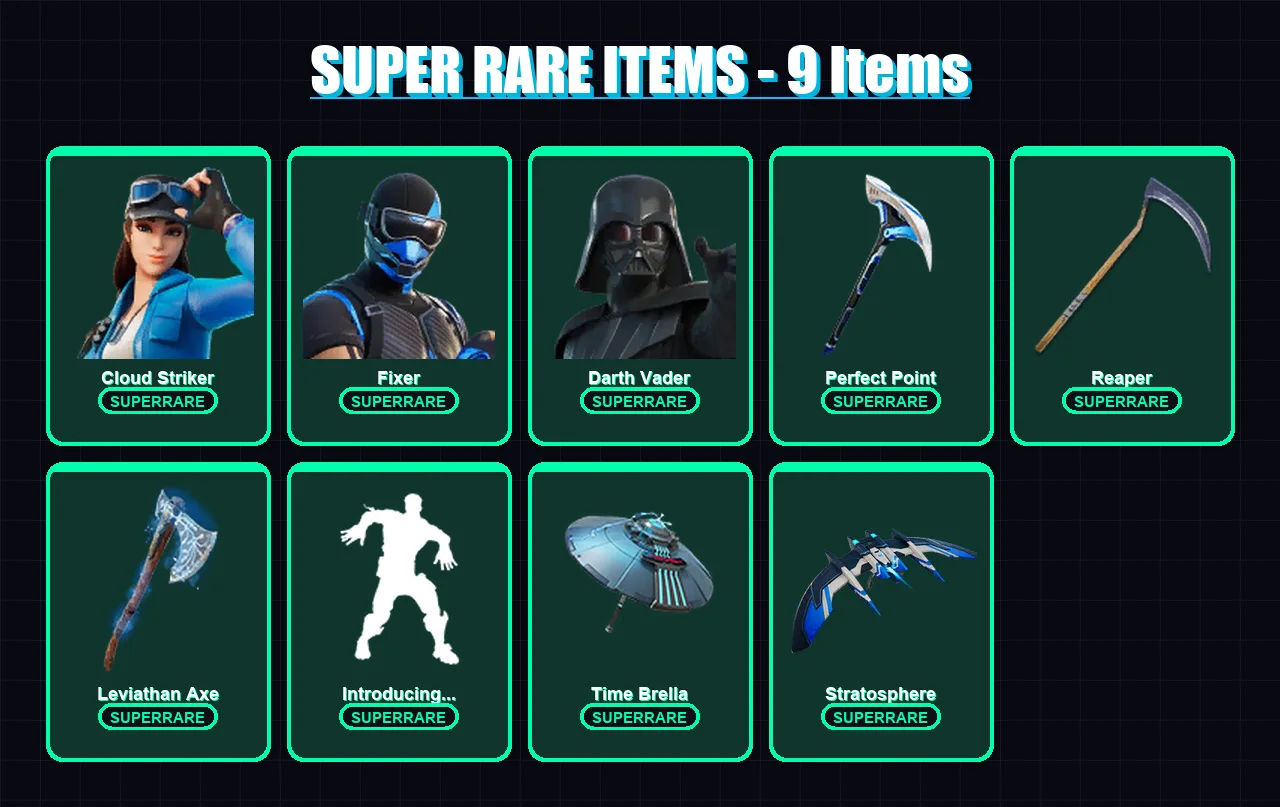 [PS4/PS5/XBOX/PC] | Cloud Striker | Fixer | Darth Vader | Valeria | Nezumi | 208 skin | 222 pickaxe | 197 emote | 167 glider | Lv3062