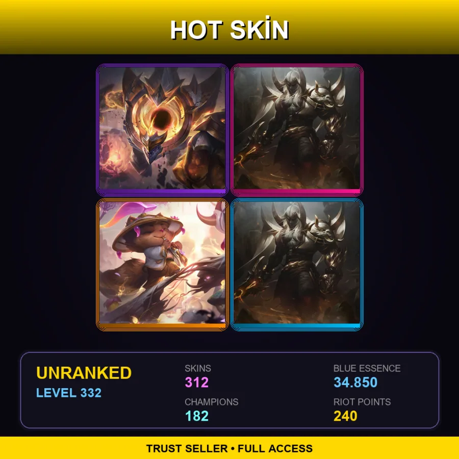 EUW | Lv332 | Unranked | 312 Skin | 182 Champ — LoL account