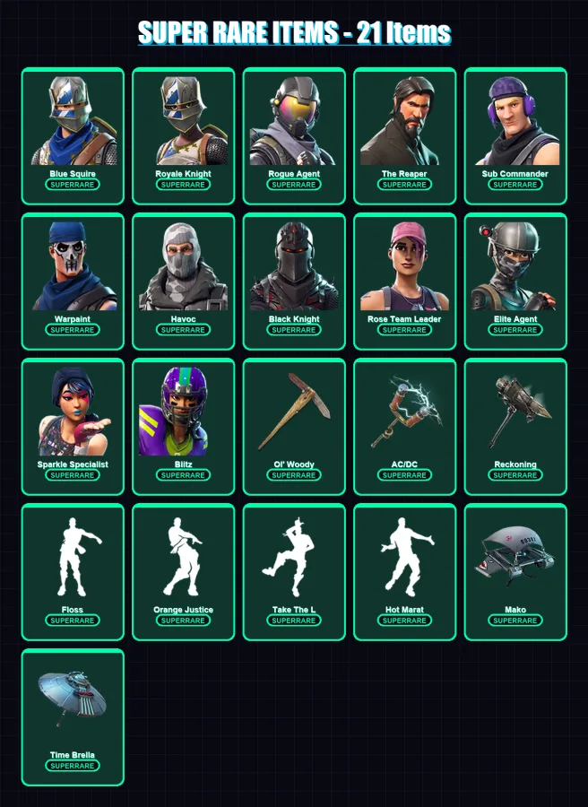 [PS4/PS5/XBOX/PC] | Blue Squire | Royale Knight | Rogue Agent | The Reaper | Sub Commander | 89 skin | 74 pickaxe | 85 emote | 82 glider | Lv1168