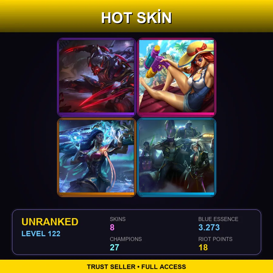EUW | Lv122 | Unranked | 8 Skin | 27 Champ — LoL account