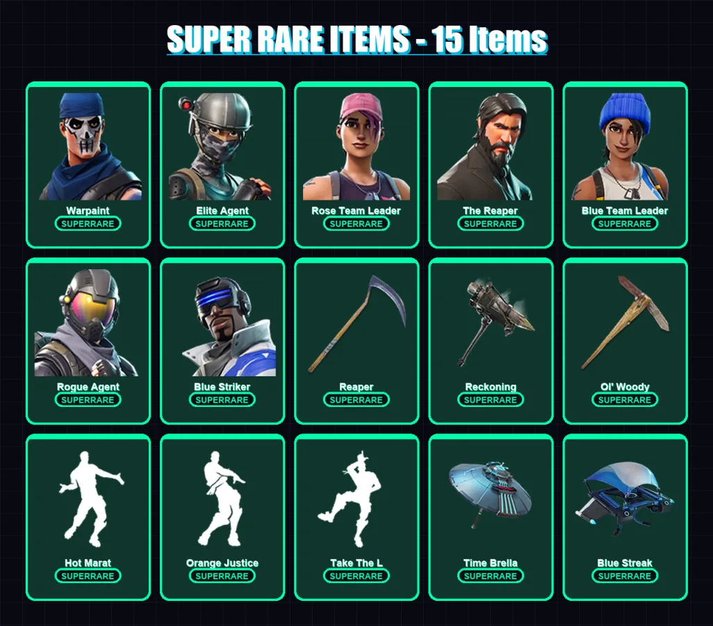 [PC/XBOX] | Warpaint | Elite Agent | Rose Team Leader | The Reaper | Blue Team Leader | 63 skin | 60 pickaxe | 68 emote | 70 glider | Lv1050 — Fortnite account