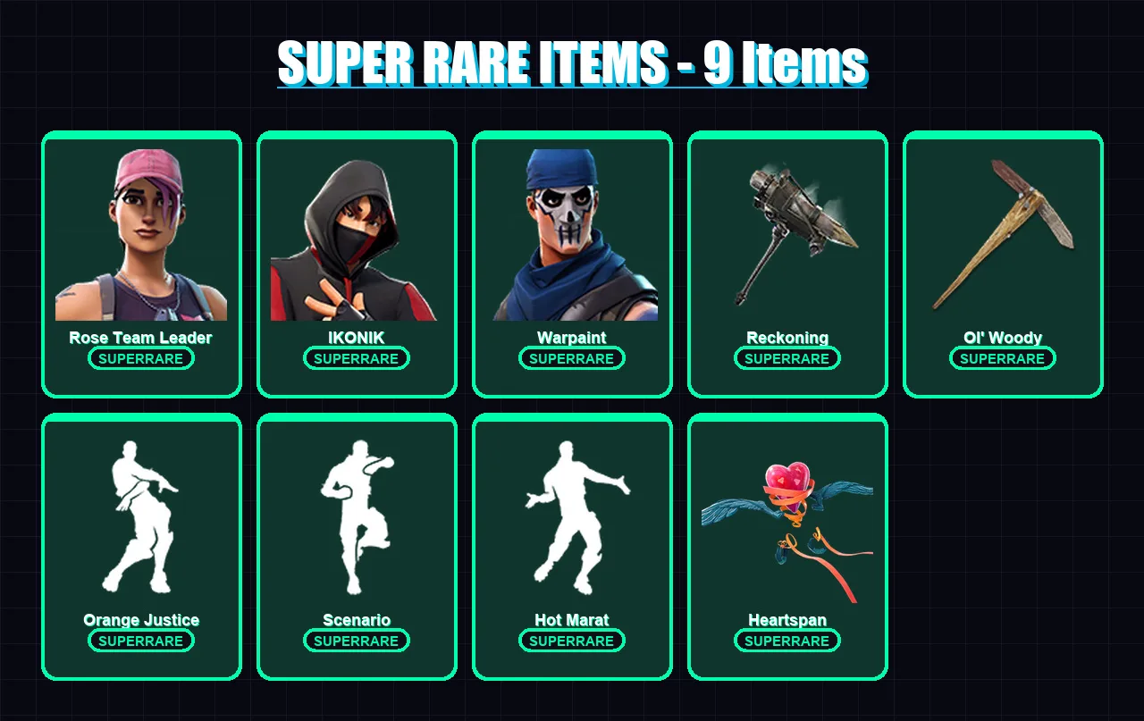 [PC/XBOX] | Rose Team Leader | IKONIK | Warpaint | The Ice King | Dire | 86 skin | 67 pickaxe | 106 emote | 73 glider | Lv1015