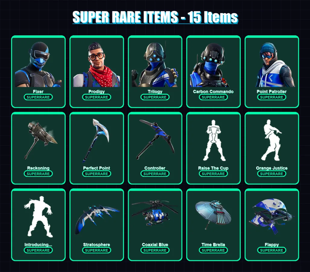 [PS4/PS5/PC] | Fixer | Prodigy | Trilogy | Carbon Commando | Point Patroller | 50 skin | 101 pickaxe | 91 emote | 112 glider | Lv2094 — Fortnite account